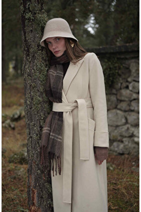 Kuşaklı Taş Kaşmir Maksi Kaban