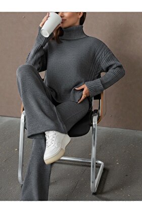 Set de tricotaje pentru femei material reiat Yaka, cu model de împletitură de păr, cu fantă piese, antracit