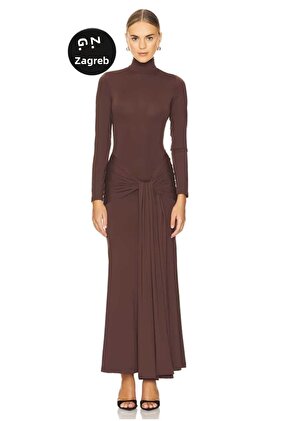 فستان جيرسي حريري بسحاب بلون القهوة - نصف ياقة مدورة بحزام