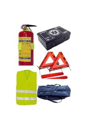 Kit siguranta rutiera auto 1 trusa sanitara, 1 stingator cu manometru 1kg, 2 triunghiuri reflectoriz