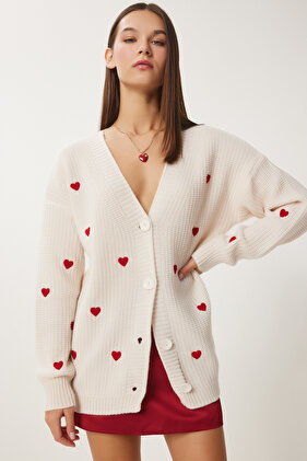 سترة صوفية طويلة محبوكة على شكل قلب كريمي LKG0009