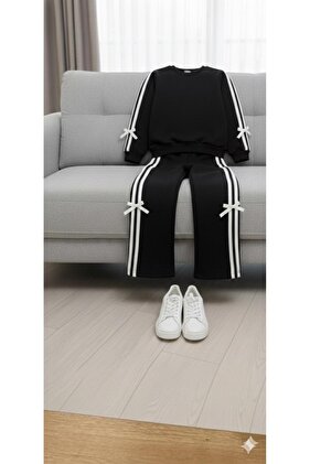 Κοριτσίστικο Μαύρο Σετ Φόρμας με Λωρίδες στο Πλάι και Λεπτομέρεια Φιόγκου 2-10 ΕΤΩΝ