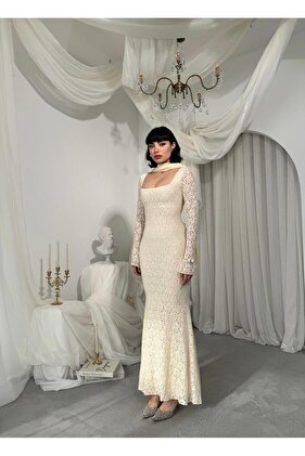 Square Neck Lined Maxi Long Length Premium Lace Dress with Shawl