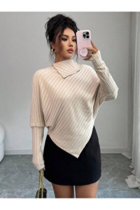 μπεζ υψηλό γιακά από υφασμάτινο υλικό με ασύμμετρη άκρη φούστας με μανίκια νυχτερίδας κομψό ust