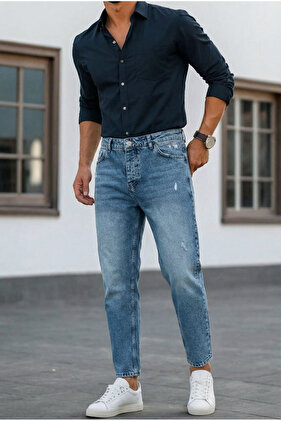 Férfi Boyfriend szabású kék farmer szakadt részletekkel, Jean farmer nadrág BF-277