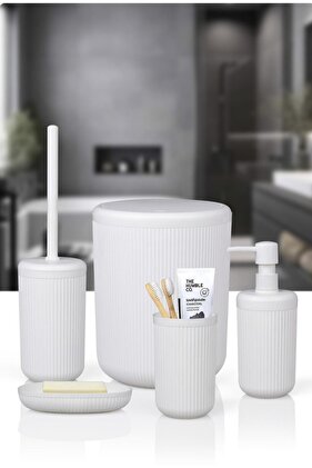 Linea Kırık Beyaz Çizgili Yuvarlak Banyo Seti