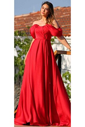 Kırmızı Kloş Etekli Saten Uzun Abiye Elbise 7350