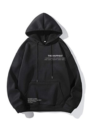 Unisex Black Happiest Printed Oversize Hooded Sweatshirt