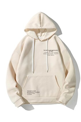Unisex Beige Happiest Printed Oversize Hooded Sweatshirt