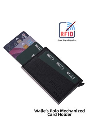 Unisex Black Leather Rfid Protected Automatic Aluminum Mechanism Card Holder
