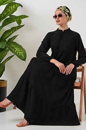 1627 Lace-Up Neck Modest Dress - Black