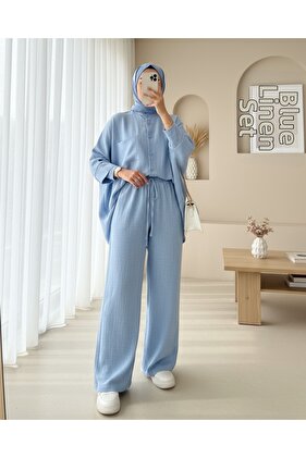 طقم قميص كاجوال بجيب مزدوج وأكمام نصف خفاش - أزرق فاتح