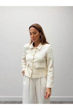 Kadın Dore Düğmeli Blazer Beyaz Tüvit Ceket