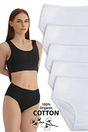 سراويل داخلية نسائية بيضاء مضلعة عالية الخصر مكونة من 5 قطع من القطن بنسبة 100%