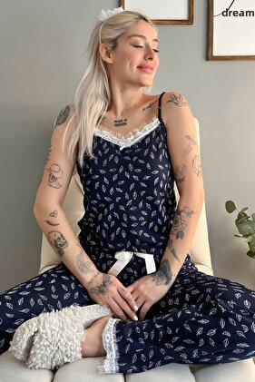 Navy Blue Leaf Lace Rope Strap Knitted Women's Pajama Set