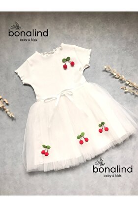 White Tulle Cherry Girl's Dress with Ribbed Fabric Top and Bottom Lining