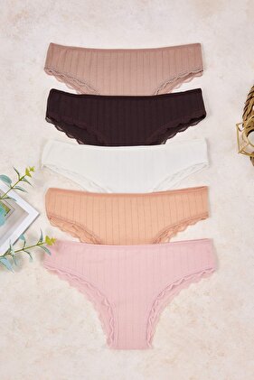 Кафяви-многоцветни памучни 5-пакетни дантелени ленти с райета бразилски трикотажни слипове THMSS26KU00005