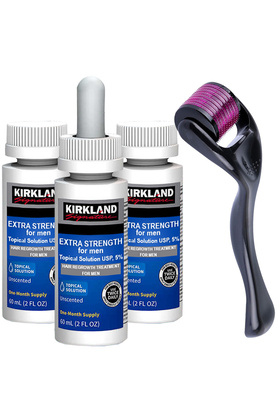 Sada na podporu rastu vlasov, Kirkland, Minoxidil 5%, 3x 60 ml, 1x Dermaroller 540 ihiel