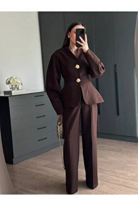 Brown Gold Button Detailed Waist-Fitted Suit - 2025186