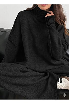 TKM0021 Pletený komplet kalhot a topu Oversize pletený komplet s vysokým límcem, měkká textura, dvoudílný set – spodní a horní díl