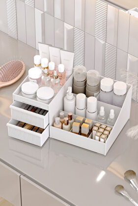 Elegance Xl (35CM) Makyaj Kozmetik Parfüm Krem Serum Düzenleyici Çekmeceli Organizer Beyaz