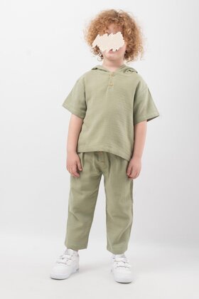 Muslin Takım Kapüşonlu Kısa Kollu 2'li Takım Düğmeli %100 Pamuk Organik Muslin Takım