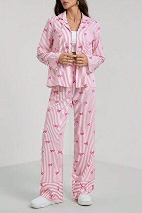 Pembe Fiyonk Baskılı Çizgili Pijama Takımı