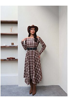 Plaid Off-Shoulder Belted Dress