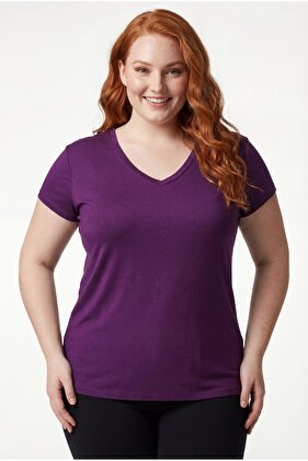 Kadın Büyük Beden V Yaka Mor Tişört – Rahat Kesim, Nefes Alan Kumaş, 6XL'e Kadar Beden Seçeneği