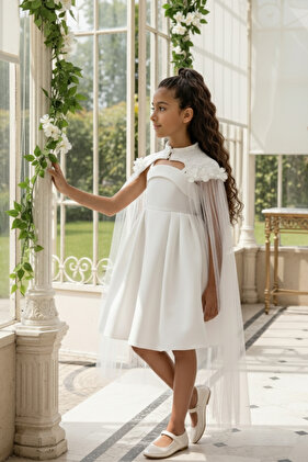 فستان بناتي مطرز مع عباءة للأعمار من 3 إلى 7 سنوات، لون إكرو