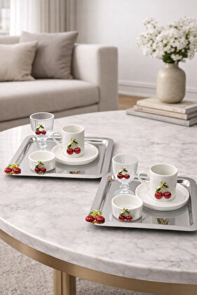 طقم فناجين قهوة من البورسلين الكرزي مكون من 2 كوب وصينية تقديم معدنية مربعة