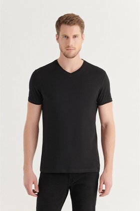 Men's Black V-Neck Cotton Plain T-Shirt E001001