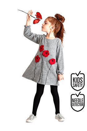 فستان بناتي تريكو رمادي مزين بالزهور الحمراء ثلاثية الأبعاد لخريف وشتاء 3-9 سنوات