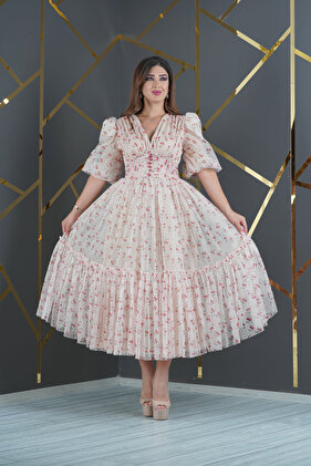 فستان سهرة بطول ربلة الساق من التول المرن بنمط الكرز المنقط والمطبوع