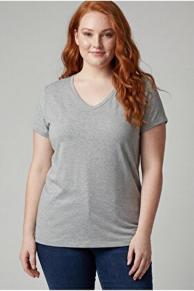 Kadın Büyük Beden V Yaka Gri Tişört – Rahat Kesim, Nefes Alan Kumaş, 6XL'e Kadar Beden Seçeneği