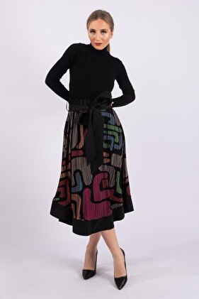 تنورة نسائية بحزام وحاشية مطبوعة رقمية من قماش المظلة وجيب مضلع وخصر مطاطي وحزام