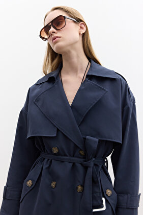 BUTTONED DOUBLE-BREASTED TRENCH COAT NAVY BLUE