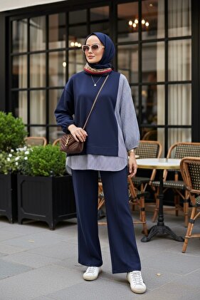 Women's Hijab Suit Line Double Suit Shirt Navy Blue