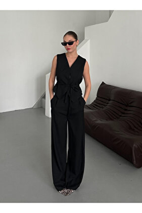 Schwarzes Miranda Stoff-Weste-Hosen-Set - 8456