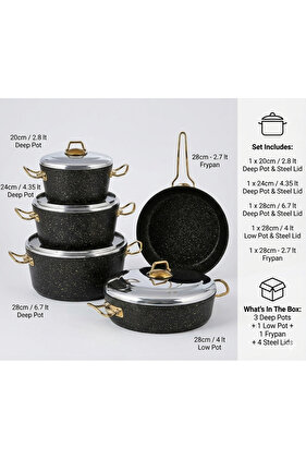 Homemaker 9-Piece Granitec Cookware Set - Stainless Steel Lids - 3 Deep Pots - 1 Low Pot - 1 Frypan
