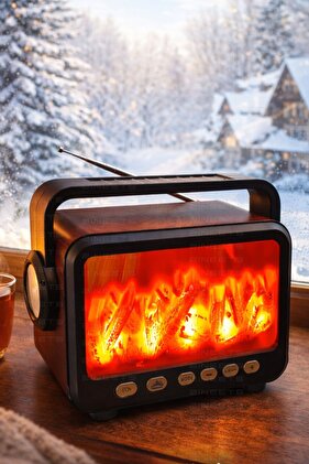 Büyük Boy Nostaljik Radyo Fm Ahşap Şömine Görünümlü Bluetooth Hoparlör Vintage Işıklı Usb Sd