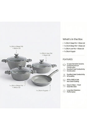 7-Piece Farah Cookware Set - Glass Lids - 2 Deep Pots - 1 Low Pot - 1 Frypan - Non-Stick - Grey