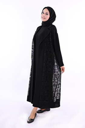 Collared Lace Guipure Detail Abaya 7830 Black