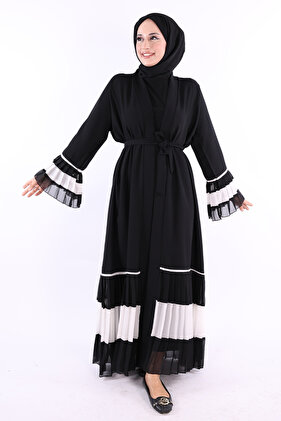 Sleeve and Skirt Two-Color Waist Belted Pleated Abaya 7454 Black-White