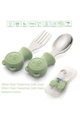 Premium Çocuk BPA Free Kaliteli Silikon Saplı Paslanmaz Çelik Uçlu Çatal-Kaşık /YEŞİL