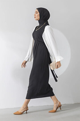 Women's Self-Belted Casual Sleeve Black Hijab Dress