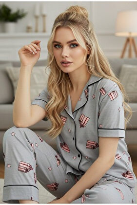Gray Gift Box Print Short Sleeve Button Ribbed Pajamas Suit7817