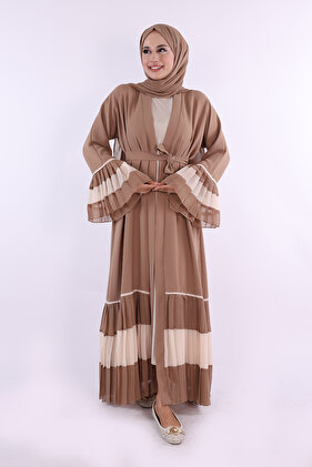Sleeve and Skirt Two-Color Waist Belted Pleated Abaya 7454 Mink