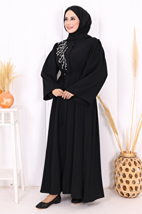 Shoulder Stone Embroidered Waist Tie Ferace 7805 Black