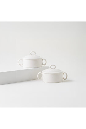 طقم أوانٍ صغيرة من الخزف الحجري مكون من قطعتين، مناسبة للاستخدام في الفرن وعلى المائدة، لون أبيض كريمي، 13 × 8.9 × 4 سم